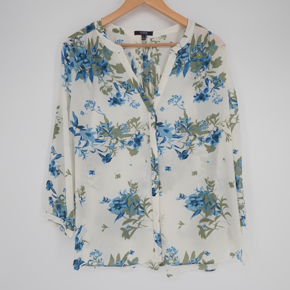 NYDJ Blouse Womens L  Blue Tunic V-Neck Pleated Floral Chiffon Pullover Relaxed